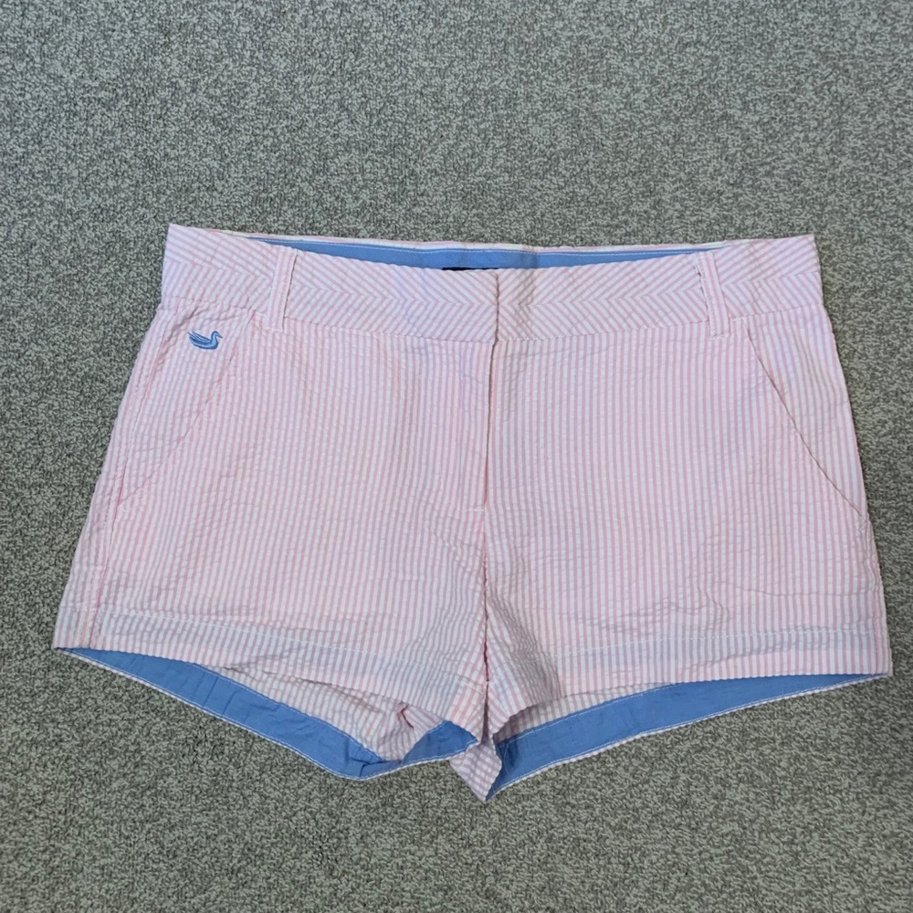Southern Marsh pink & white seersucker shorts